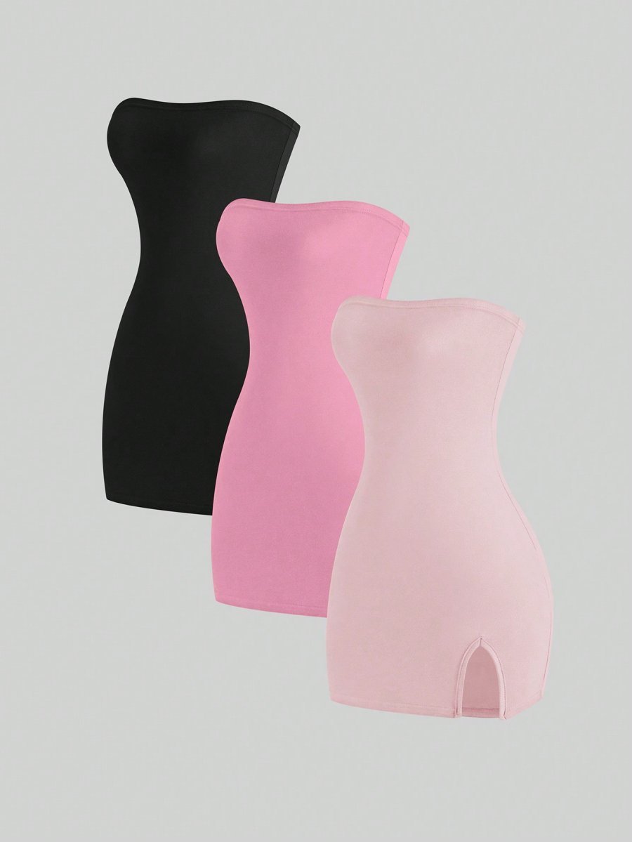 Flirla Women's 3pcs Bodycon Dress With Slit Hem, Bandeau Style, And Slim Fit, Summer Mini Short Women Outfit - Image 5