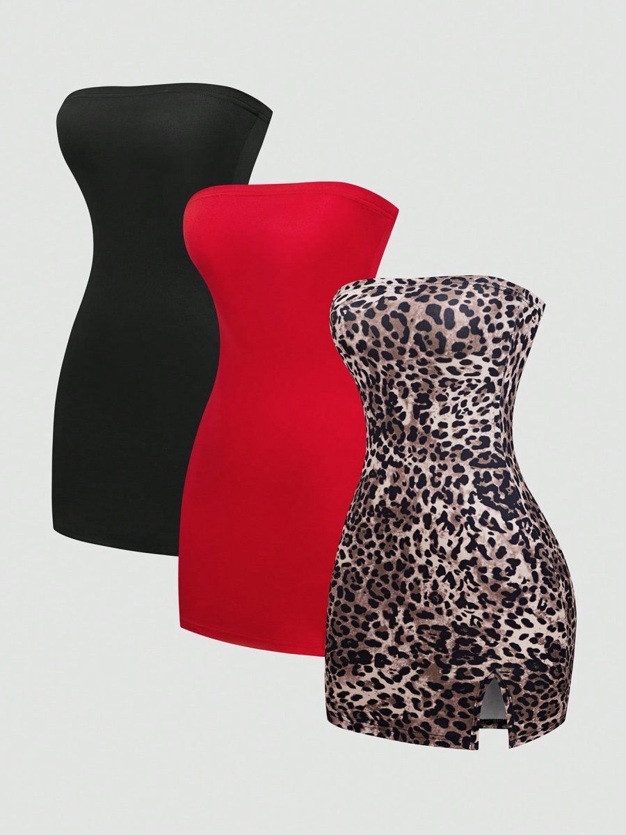 Flirla Women's 3pcs Bodycon Dress With Slit Hem, Bandeau Style, And Slim Fit, Summer Mini Short Women Outfit - Image 7