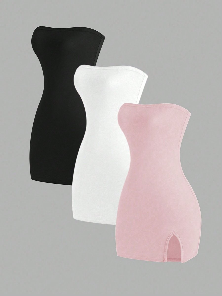 Flirla Women's 3pcs Bodycon Dress With Slit Hem, Bandeau Style, And Slim Fit, Summer Mini Short Women Outfit - Image 8