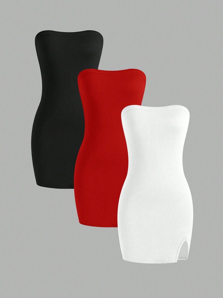 Flirla Women's 3pcs Bodycon Dress With Slit Hem, Bandeau Style, And Slim Fit, Summer Mini Short Women Outfit - Image 12