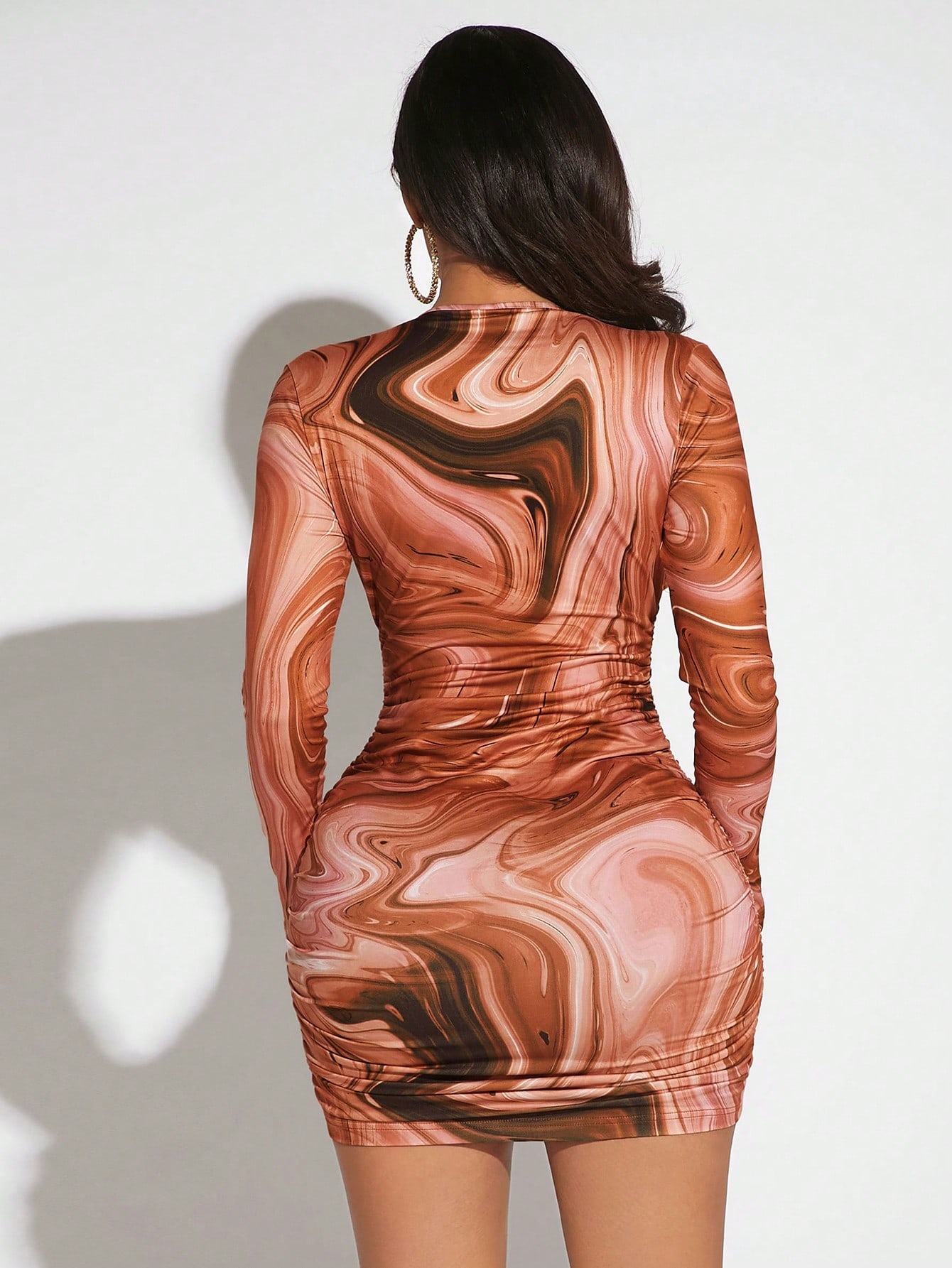 SHABREYA SXY Marble Print Plunging Neck Ruched Bodycon Dress - Image 5