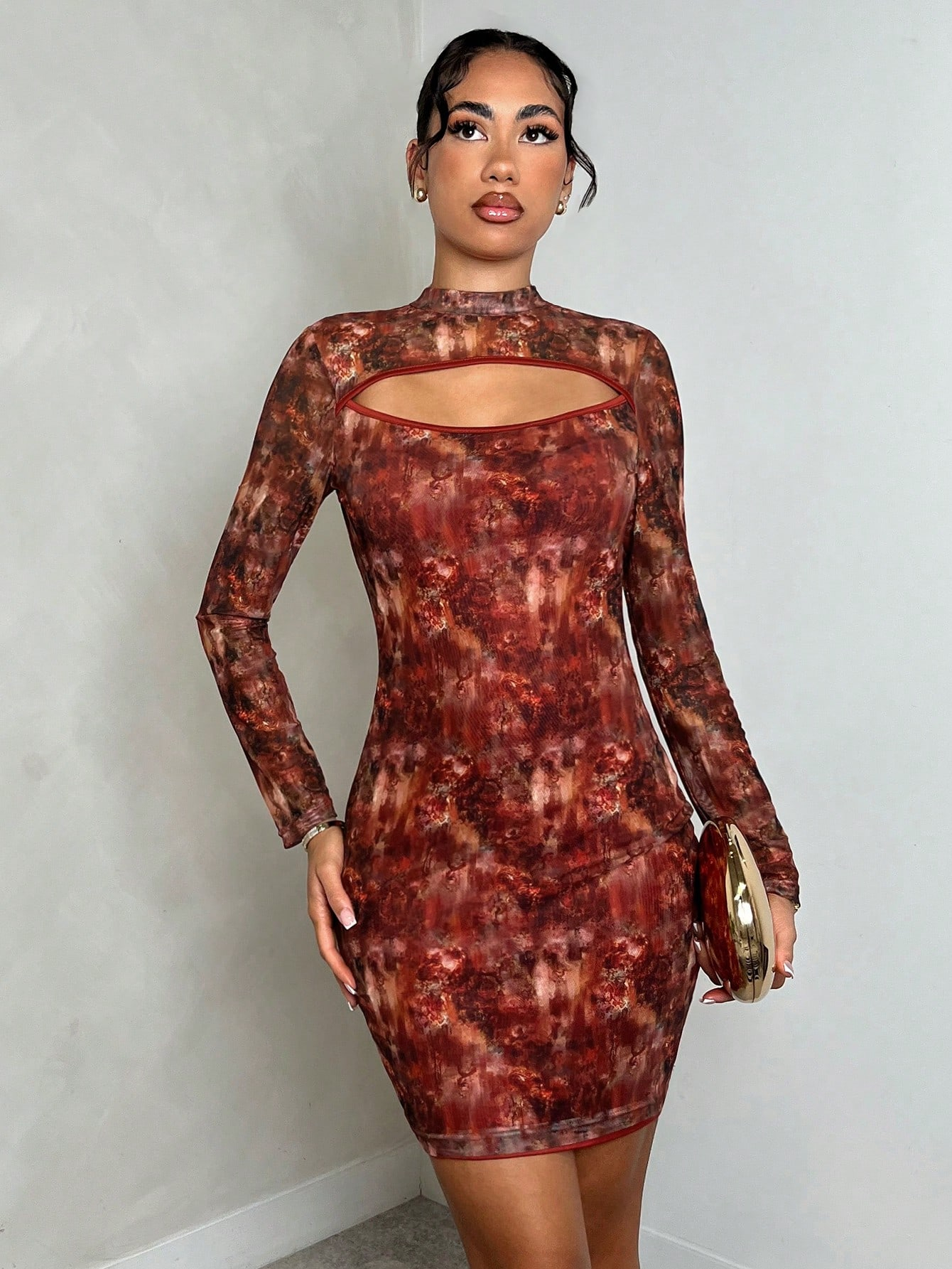 SHABREYA Hollow Out Geometric Pattern High Neck Long Sleeve Bodycon Dress - Image 8