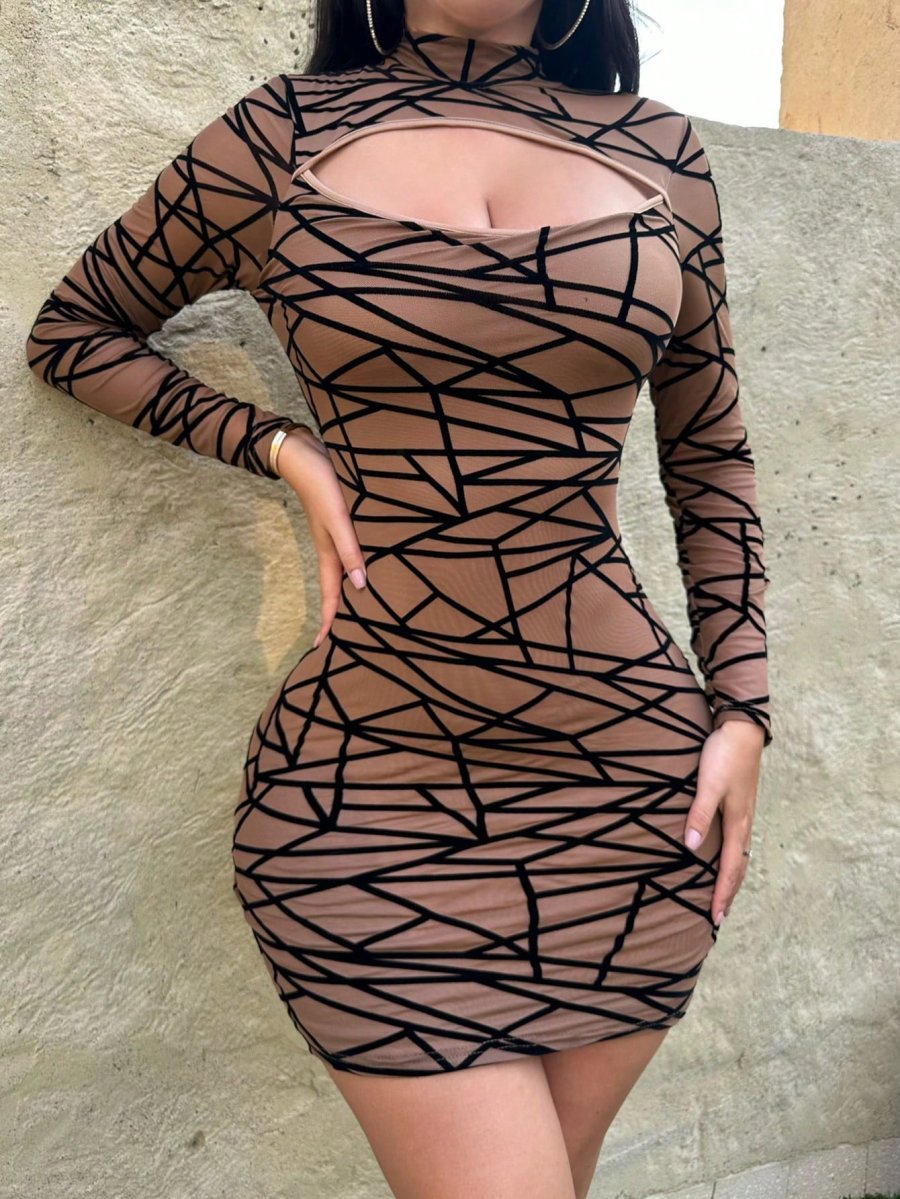 SHABREYA Hollow Out Geometric Pattern High Neck Long Sleeve Bodycon Dress - Image 3