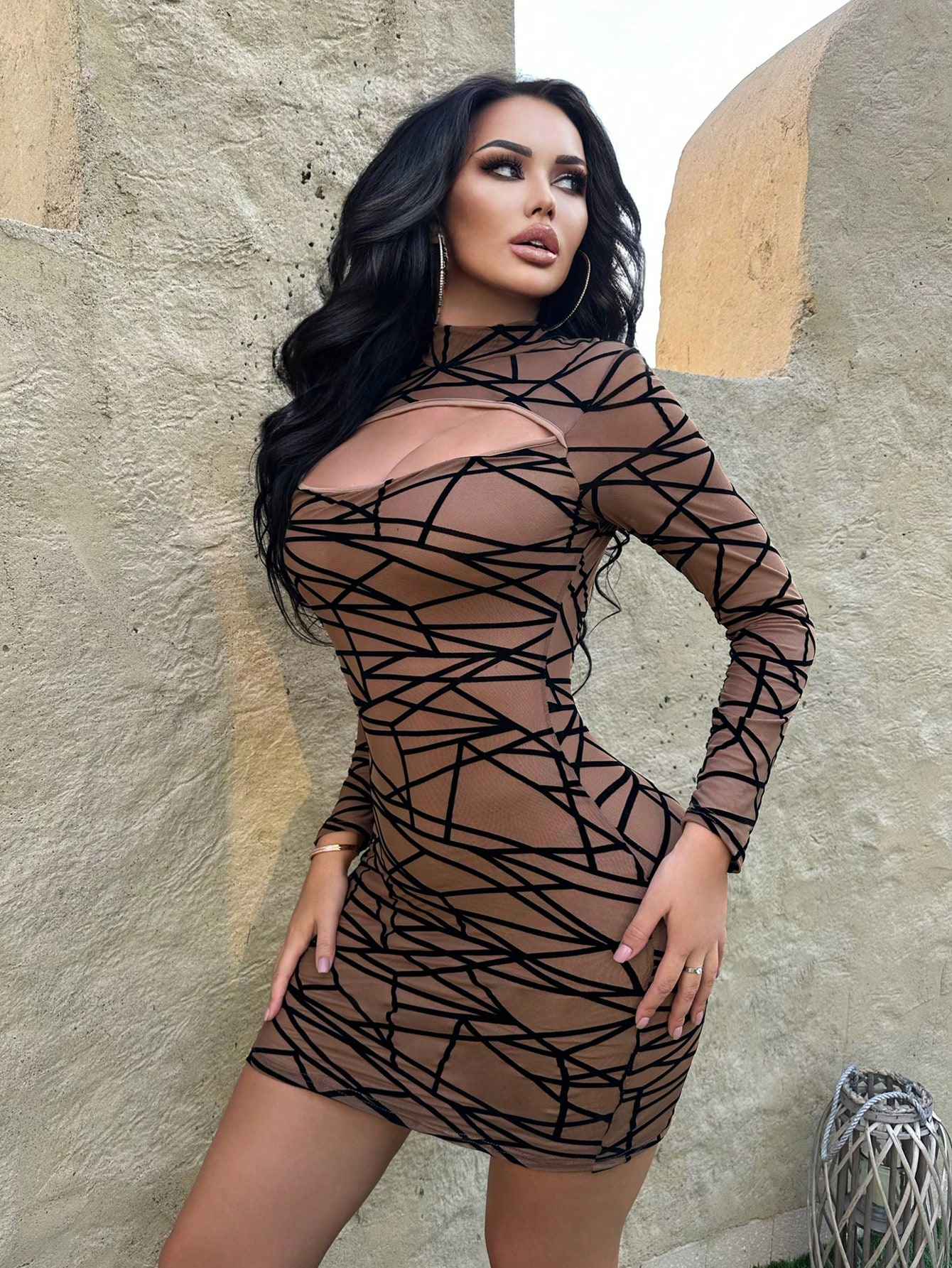 SHABREYA Hollow Out Geometric Pattern High Neck Long Sleeve Bodycon Dress - Image 4
