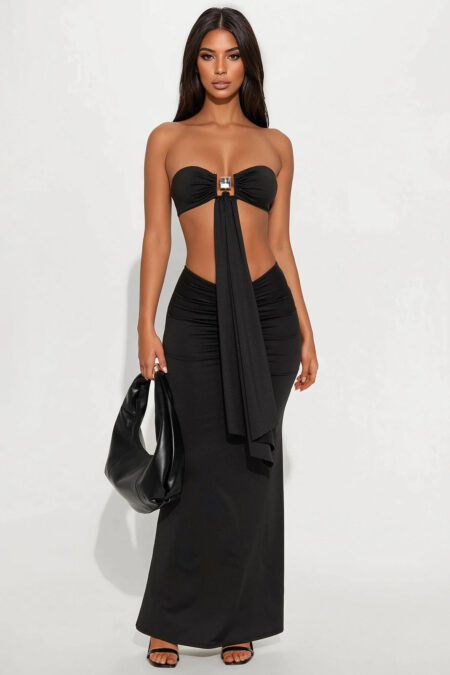 Midnight Waves Maxi Skirt Set - Black