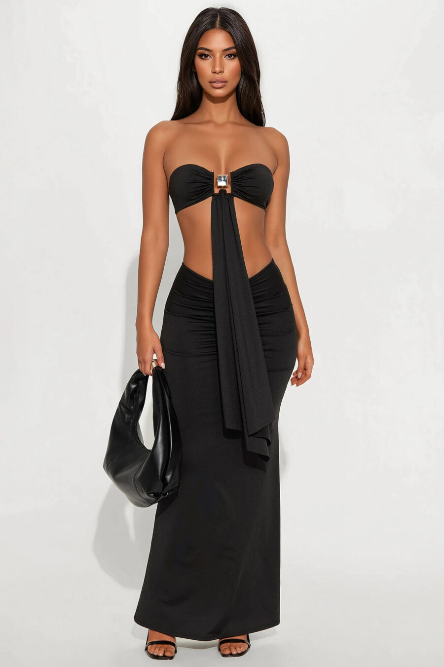Midnight Waves Maxi Skirt Set - Black
