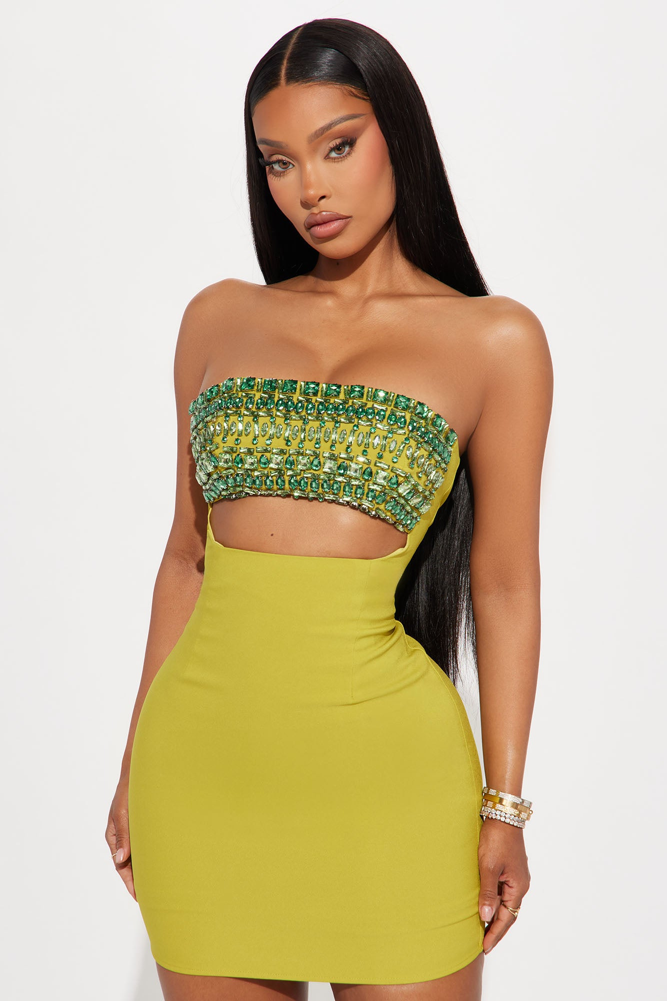 Piece of Love Rhinestone Mini Dress - Chartreuse