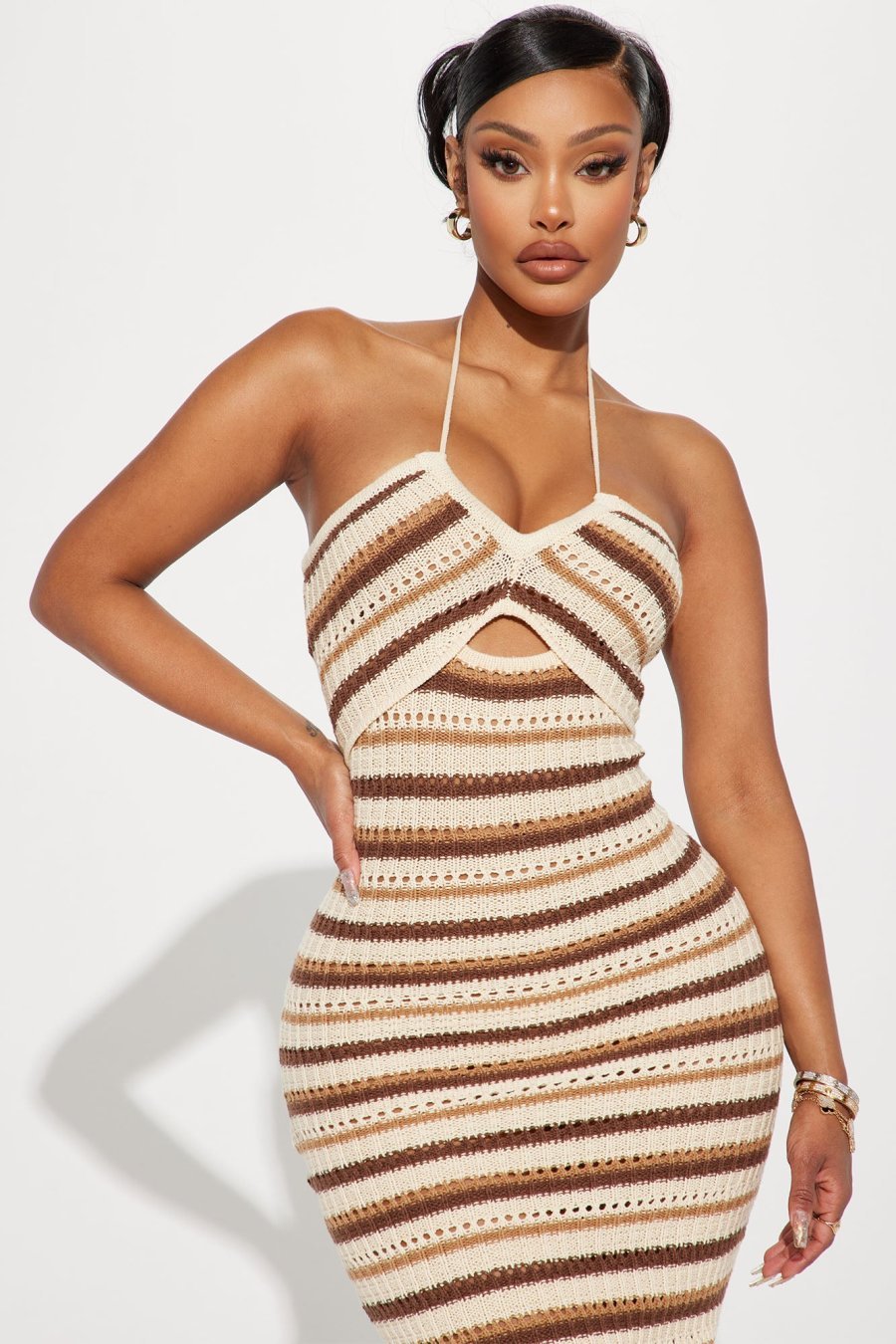 Knitted And Knotted Halter Midi Dress - Mocha - Image 2