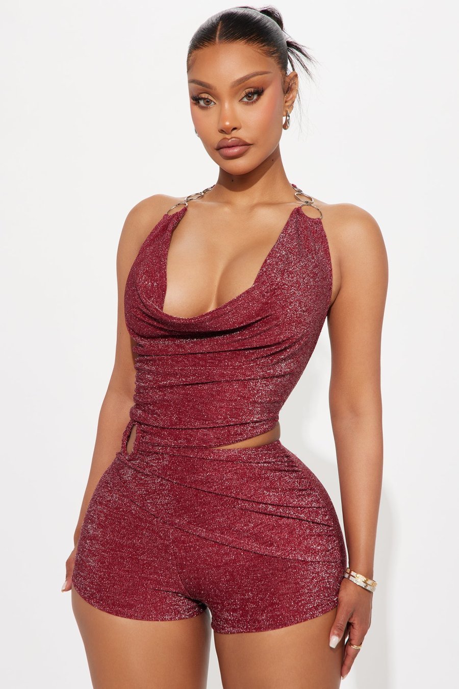Lola Metallic Halter Romper - Wine - Image 2