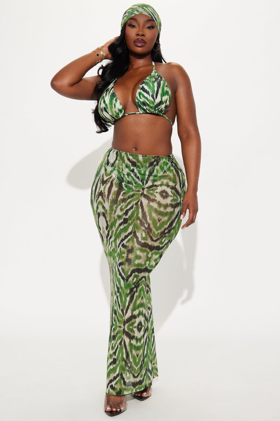 Selena 4 Piece Bikini Maxi Skirt & Headscarf Set - Green/combo - Image 6