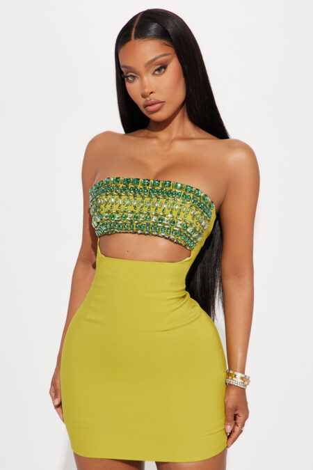 Piece of Love Rhinestone Mini Dress - Chartreuse