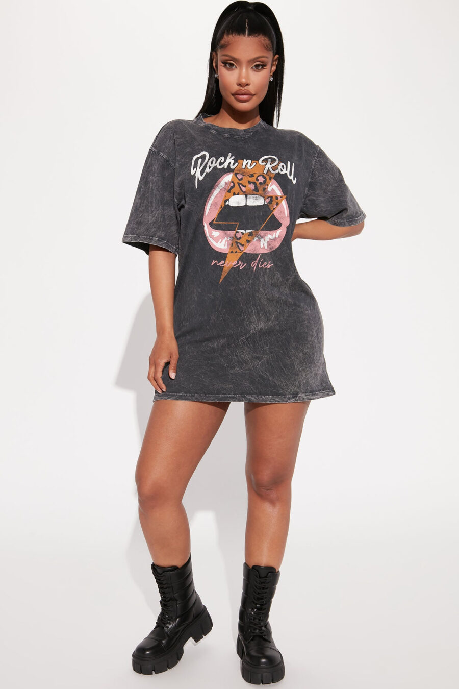 Rock N Roll Washed T-Shirt Dress - Charcoal - Image 2